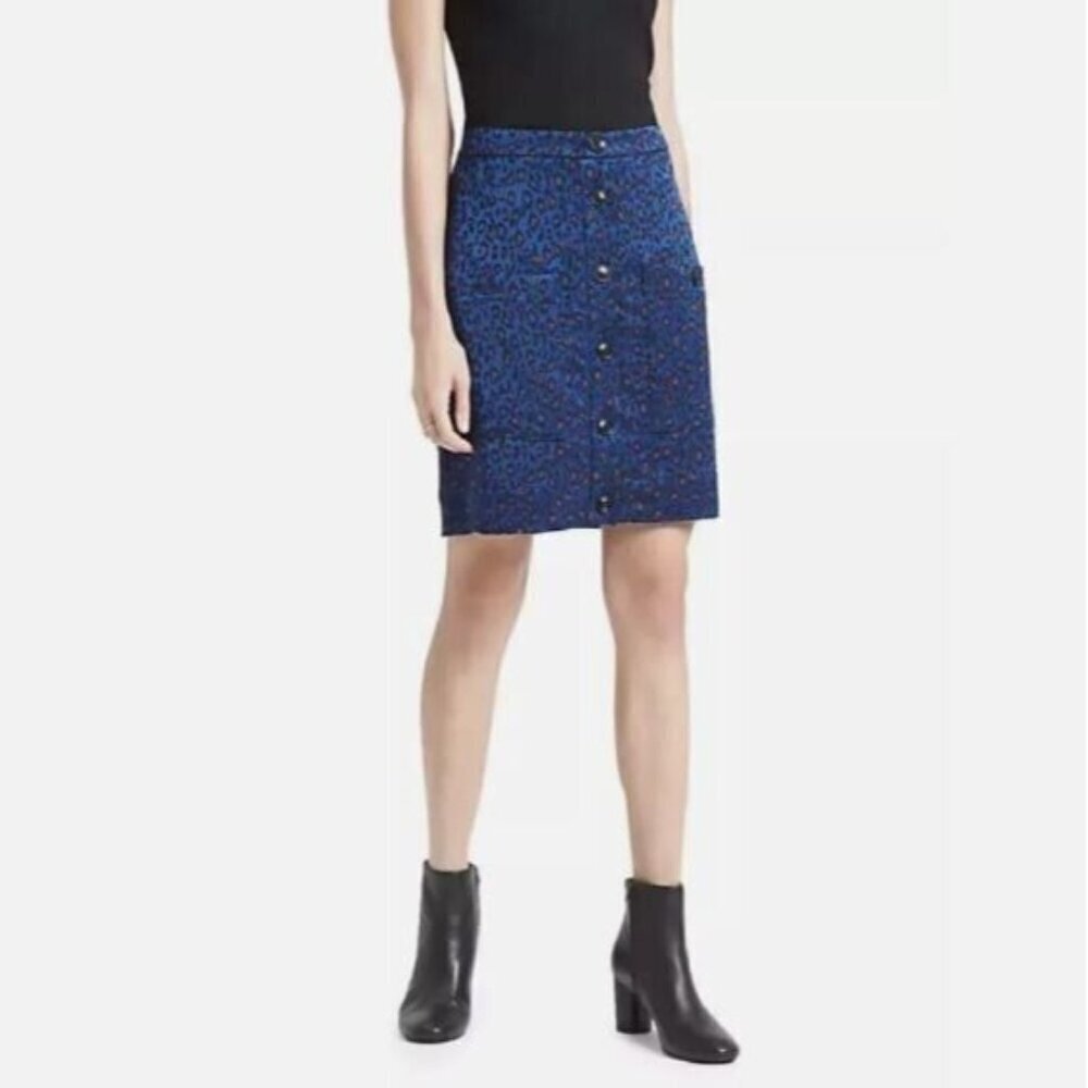 Banana Republic Skirt Womens 14 Blue Animal Print Satin Button Front Pencil Boho